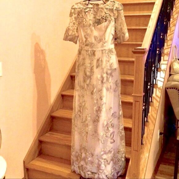 ADRIANNA PAPELL ROSE QUART LONG ILLUSION MESH DRESS 8 NWT - Picture 7 of 16